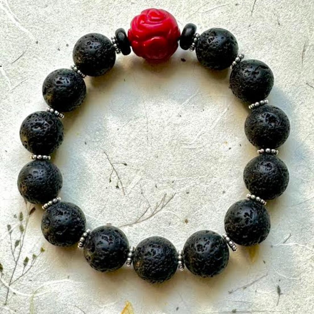 Beautiful Lava Stone and Red Coral Stretch Healing Bracelet